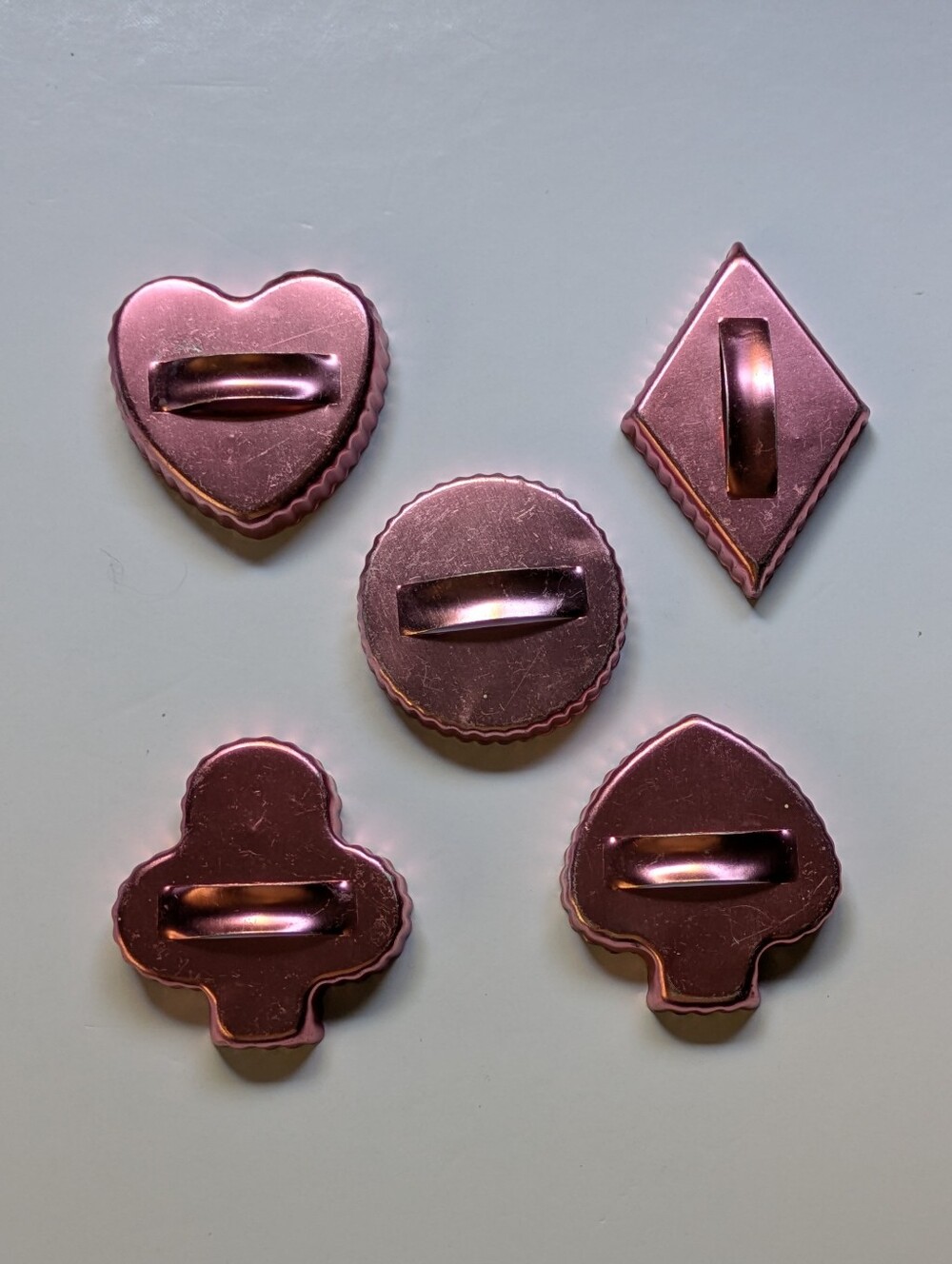 Vintage Cookie Cutters Pink Copper Colour Aluminum 5 Pc Heart Club Diamond Spade